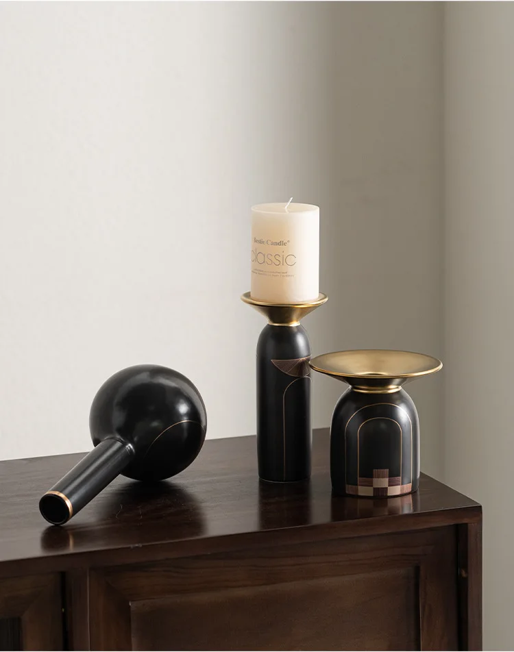 Italian High-end Modern Black Ceramic Vase Candlestick Set Gold Line Geometric Pattern Tabletop Living Room Home Decor Ornament