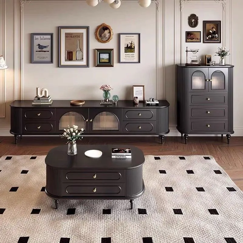 [High capacity wire slot] Solid wood French retro TV cabinet black new light luxury high-end living room high and small apartmen