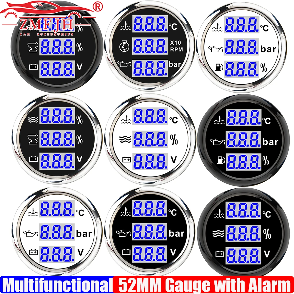 

Многофункциональный датчик ZMFJH 52 мм с синей подсветкой и звуковой сигнализацией: указатель уровня воды/топлива/сточных вод, температуры воды, давления масла, напряжения, тахометр