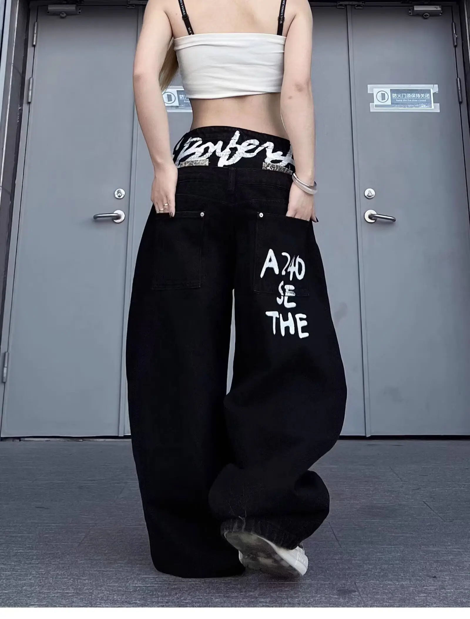 Y2K 3D Digital Print Crystal Chain Jeans Loose High Waist Straight Leg High End Cool Jeans Pants for Women
