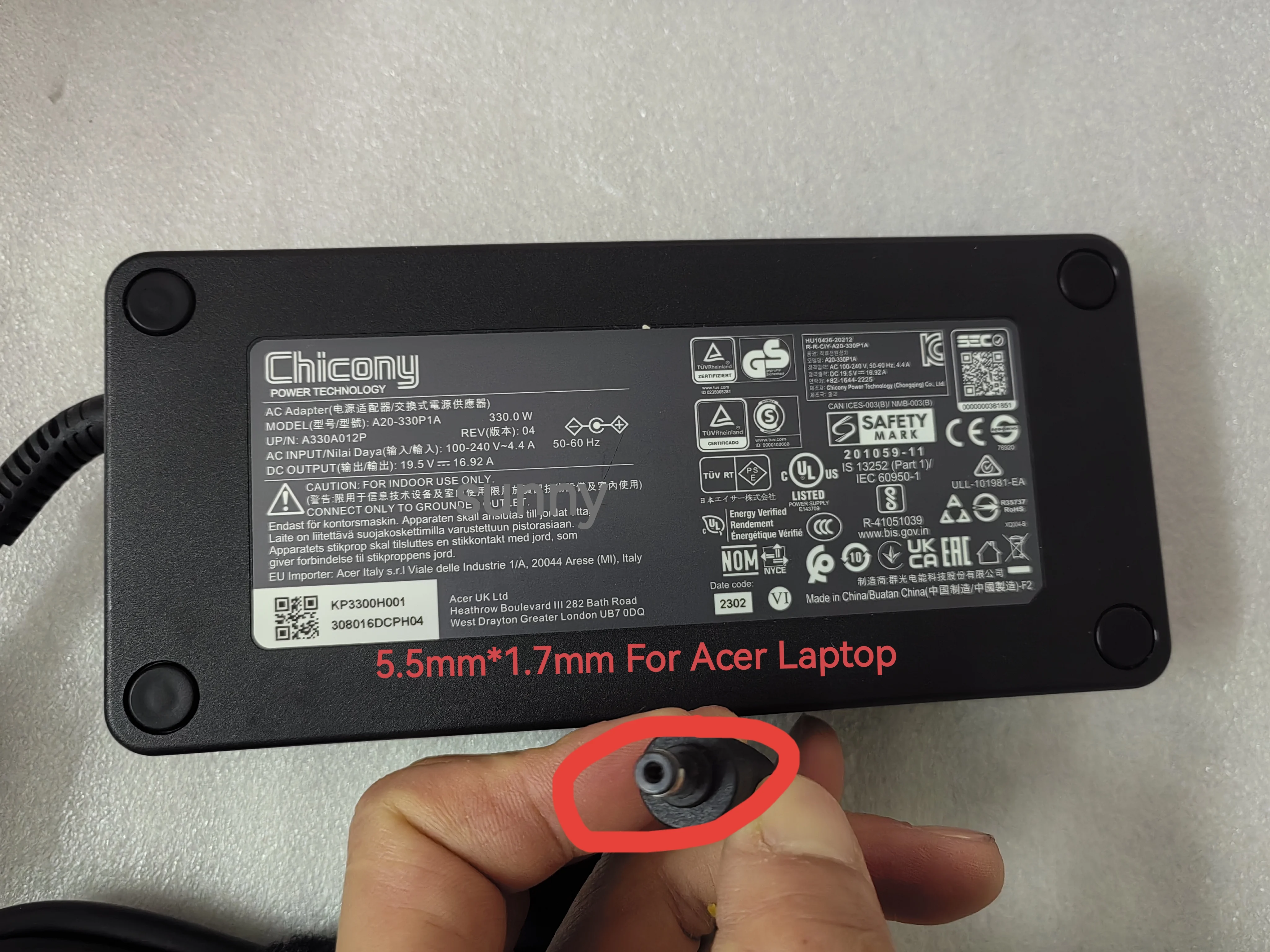 For Acer Predator helios 300 N20C11 Gaming Laptop Chicony 19.5V 16.92A A20-330P1A KP3300H001 Genuine 5.5mm*1.7mm 330W AC Adapter