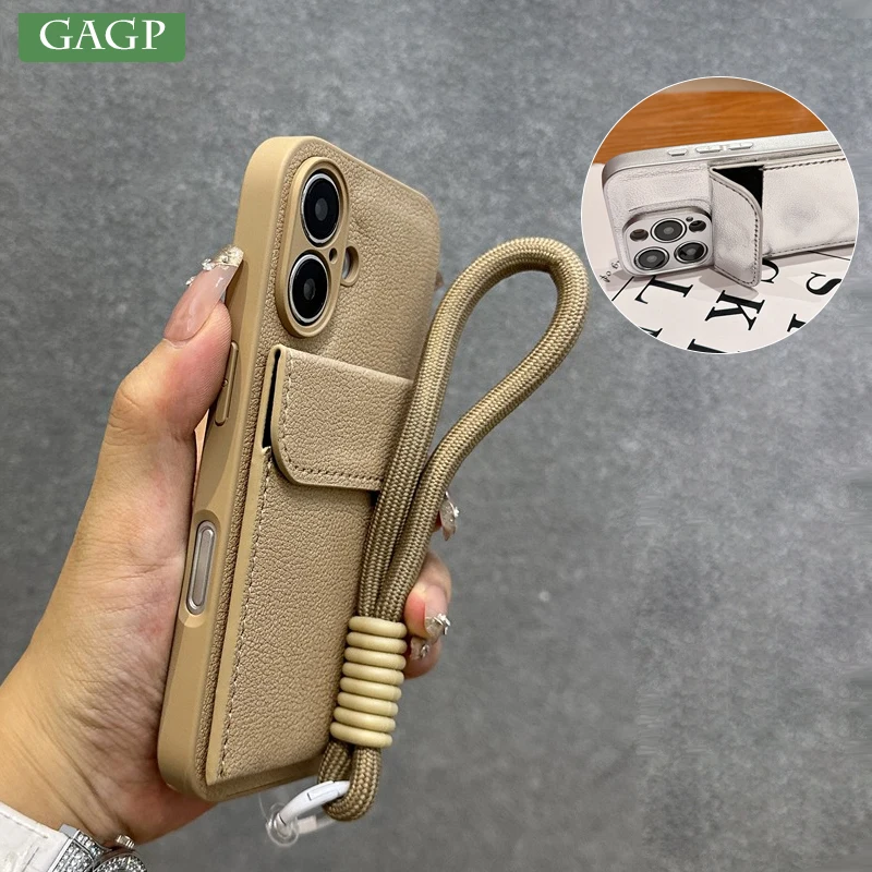 محفظة فتحة للبطاقات حامل حامل بو الجلود القضية آيفون 16 13 12 11 14 15 برو ماكس 16 زائد Xs Xr شريط للرسغ غطاء الحبل