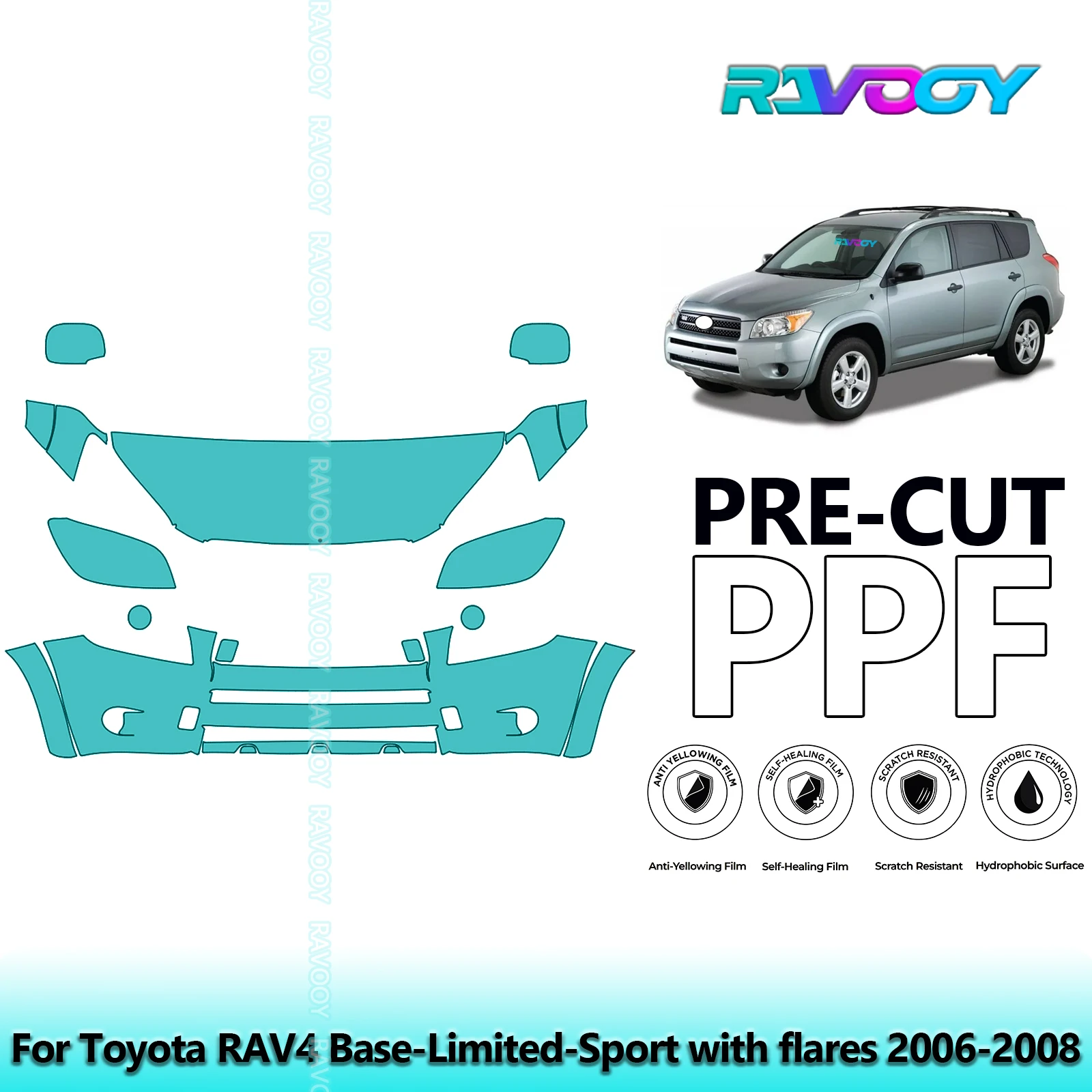 

8.5Mil Precut Paint Protection Film PPF Clear Bra Front Kit For Toyota RAV4 Base-Limited-Sport with flares 2006-2008