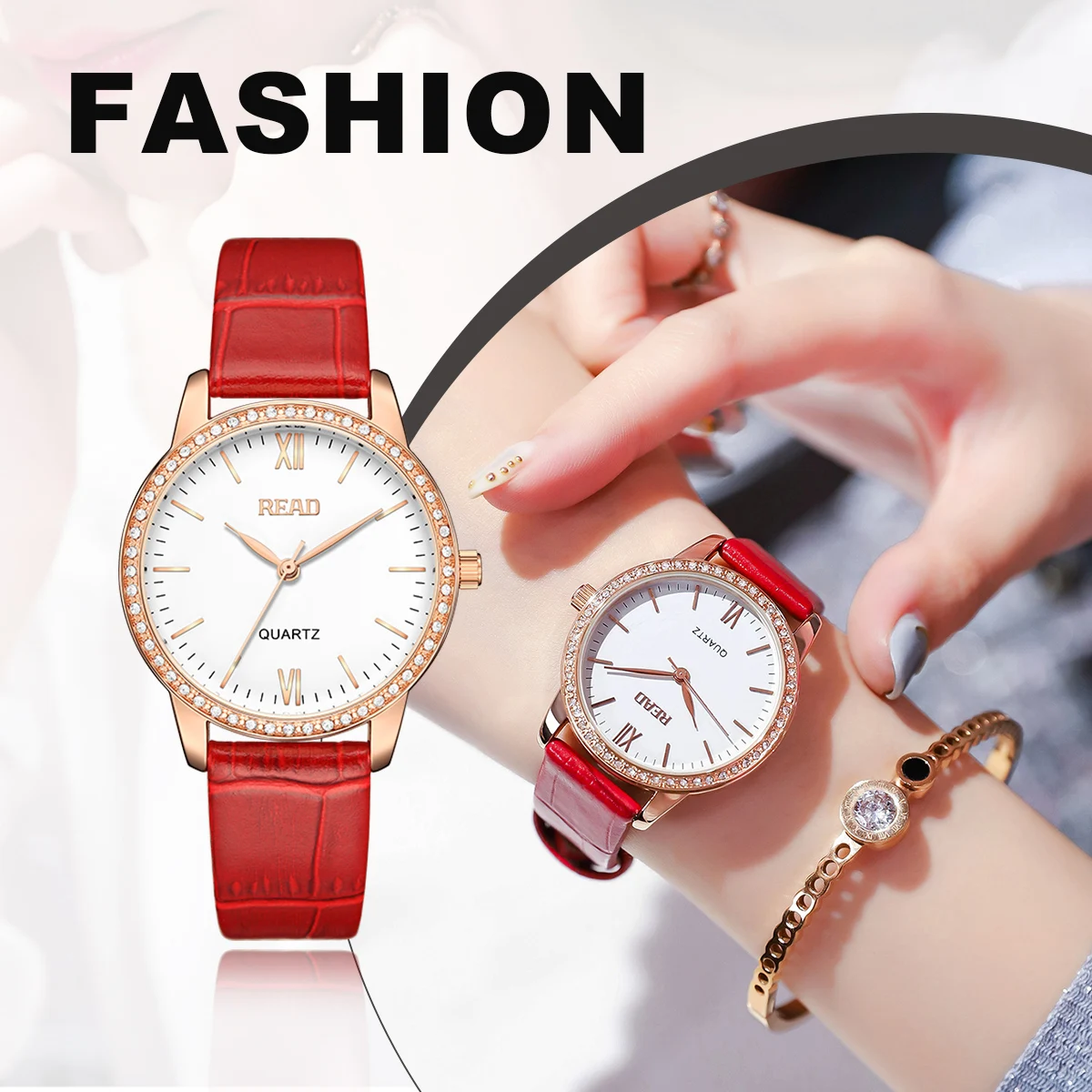 READ Minimal Ladies Analog Watch | Decorative Bezel | Red Leather Band | Daily Water Resistant Women Office Wrist Watch