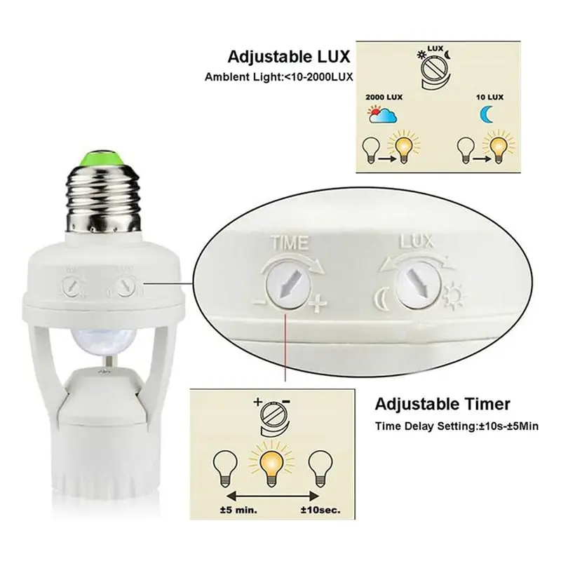 ABFU-6X E27 Lamp Holder Adapter With PIR Motion Sensor AC100-240V LED Light Bulb Socket Converter Human Presence Detector
