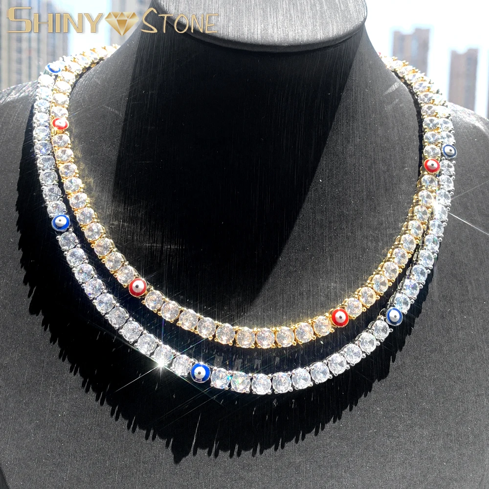 New Bling Turkish Blue Red Eyes Tennis Chain Iced Out 5A Cz Cubic Zircon Luxury Choker Necklace Men Women Gift Hiphop Jewelry