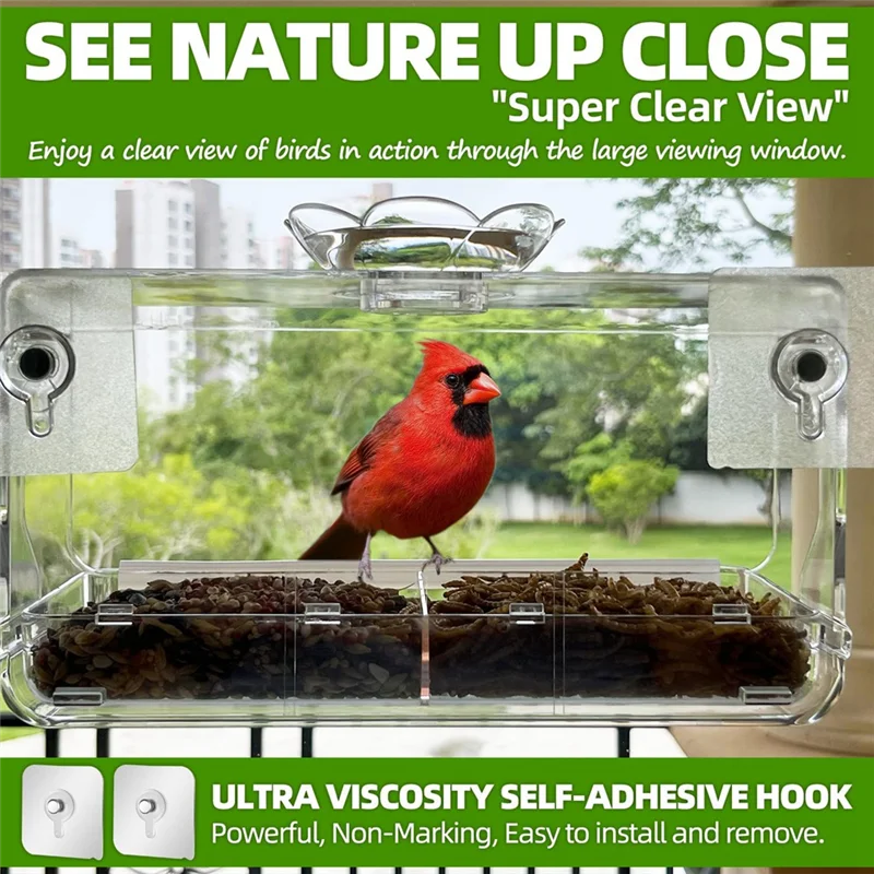 

【Must-Haves】Window Bird Feeder With Non-Marking Self-Adhesive Hooks, Clear Window Bird Feeder For Outside, Transparent Bird Hous