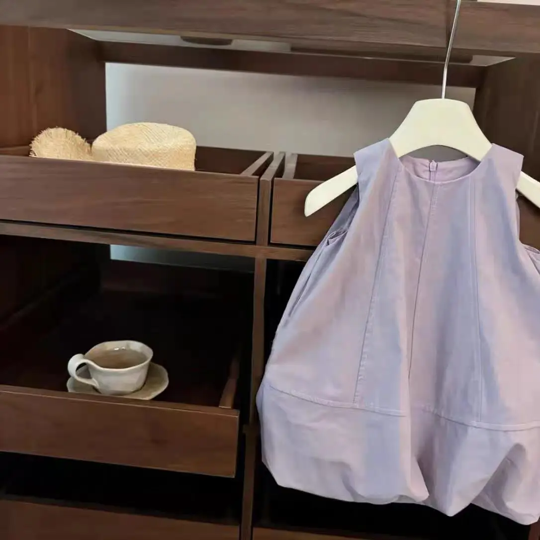 Korean Style 2025 Girls Solid Purple Elegant Flower Bud Hem Sleeveless Vest Dress Premium Quality Cute Toddler