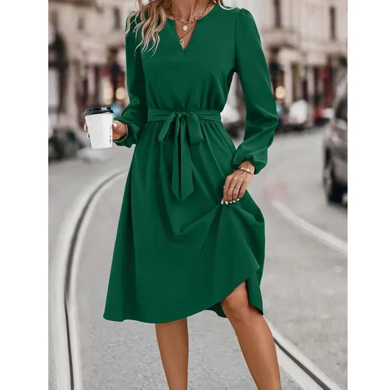 

O-neck 2024 Autumn Dress for Women Long Sleeve Lace Up Fit Party Outwear Knee-Length Elegant Bussiness Office Lady Slim