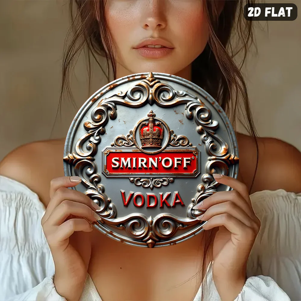 falt, A woman holding up a sign that says Smirnoff vodka.Wreath Sign, 8-inch, Round Aluminum Sign - Perfect for Holiday season &