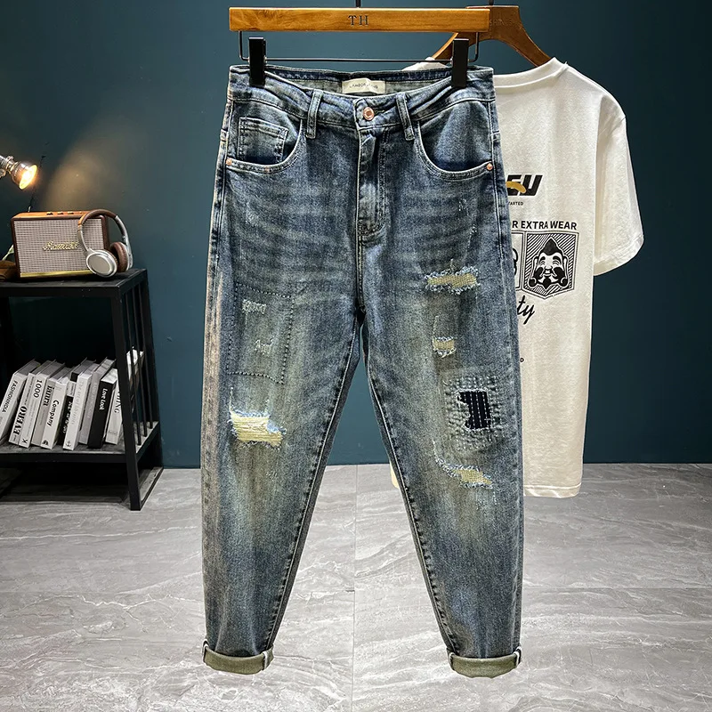 

Ripped jeans for men spring2024new high-end trendy washed stretch slim tapered all-match skinny street trousers