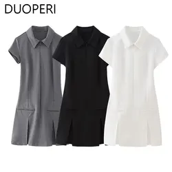 DUOPERI Women Fashion Solid Mini Dress Short Sleeves Lapel Neck Female Chic Lady Casual Short Dress