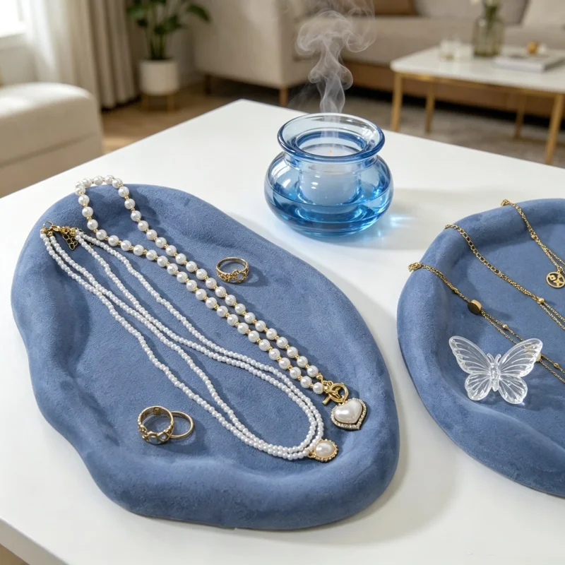 

Blue Plaster Jewelry Viewing Plate, Earring Ring Necklace Display Stand, Shop Counter Showcase & Decor Prop