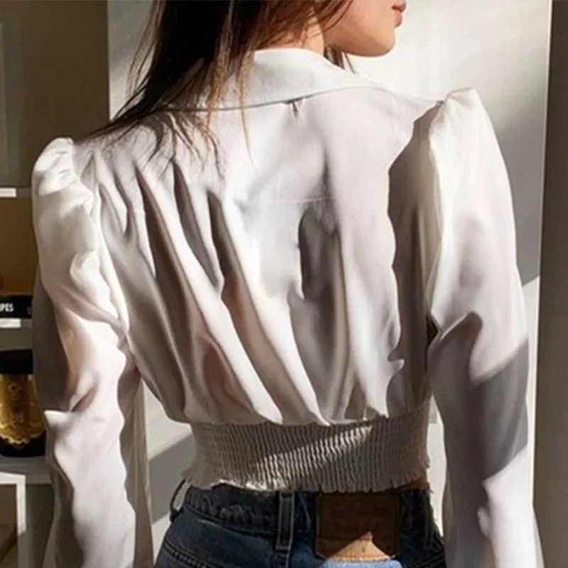 White Black Sexy Deep V-neck Top Women's Autumn  Long Puff Sleeve Crop Top  Fashion and Elegant Wrinkled Bow T-shirt