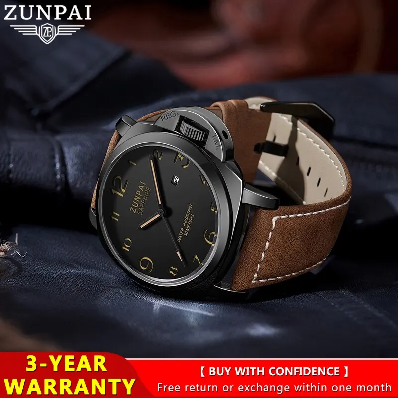 ZUNPAI Original Watch for Men Waterproof Sport Fashion Leather Strap Black Luminous Analog Baterai Quartz Wristwatches