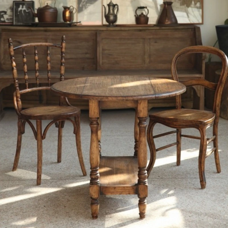 French retro round table, medieval style, solid wood oak, handmade old, folding coffee side table