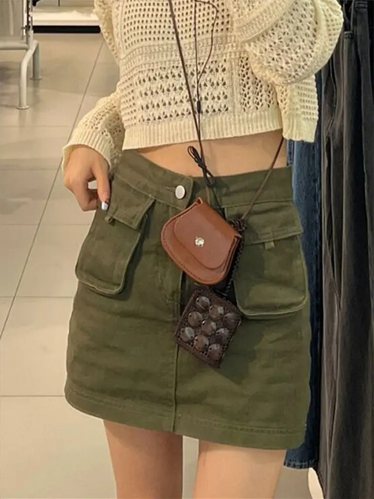 Military Green Workwear Denim  Skirt Women's Spring Summer New Large Size Fat Sister High Waist A-Line Bodycon Halves Skirt