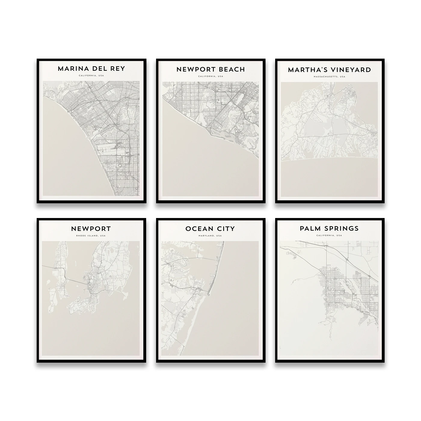 Palm Springs Pacific Ocean Newport Ocean City Monterey Maui Montauk Martha Marina del Rey Jersey Shore Boone. City Map Poster