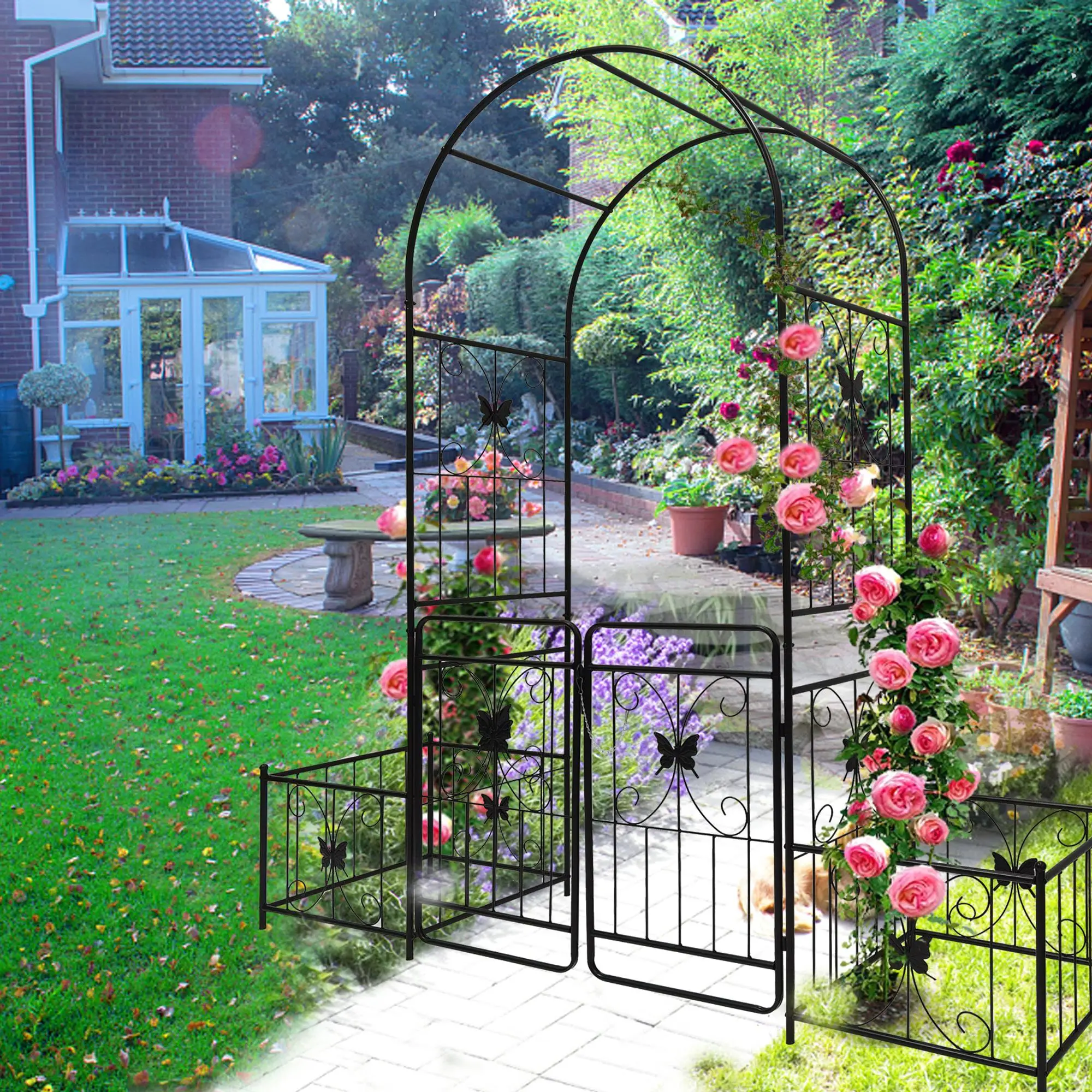 Black Metal Garden Arch with Gate - 79.5'' Wide x 86.6'' High for Climbing Plants and Roses