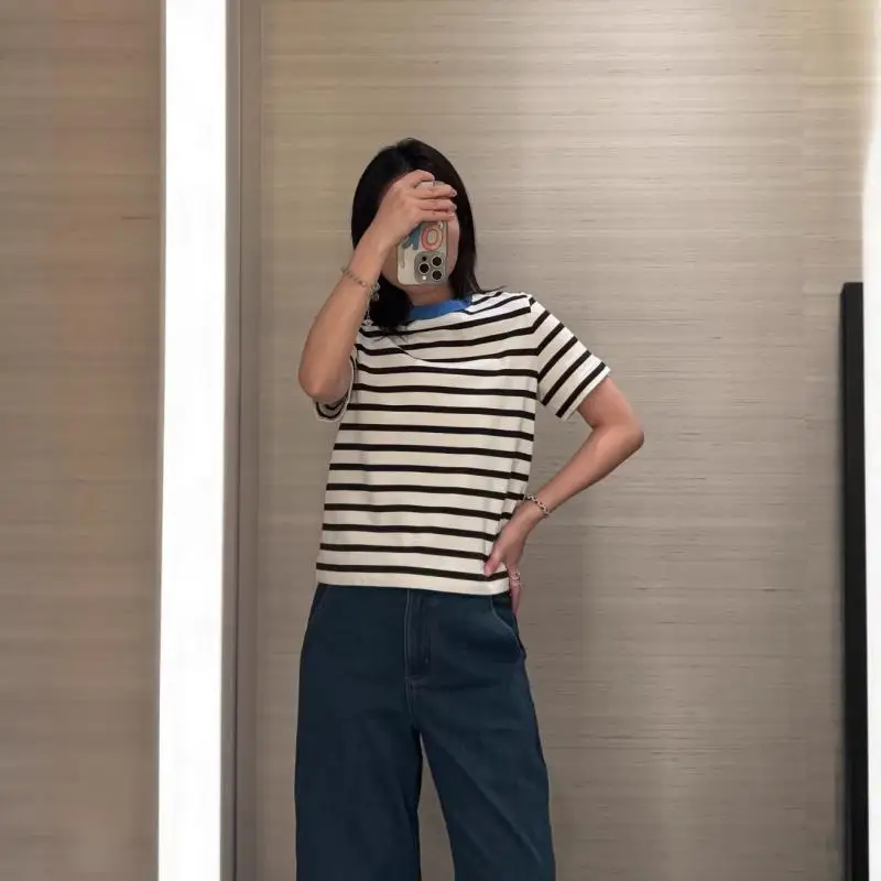 Maxdutti Southern French Elegant Women's Round Neck Short Sleeved T-shirt Striped Minimalist T-shirt Woman Clothes Female Cloth
