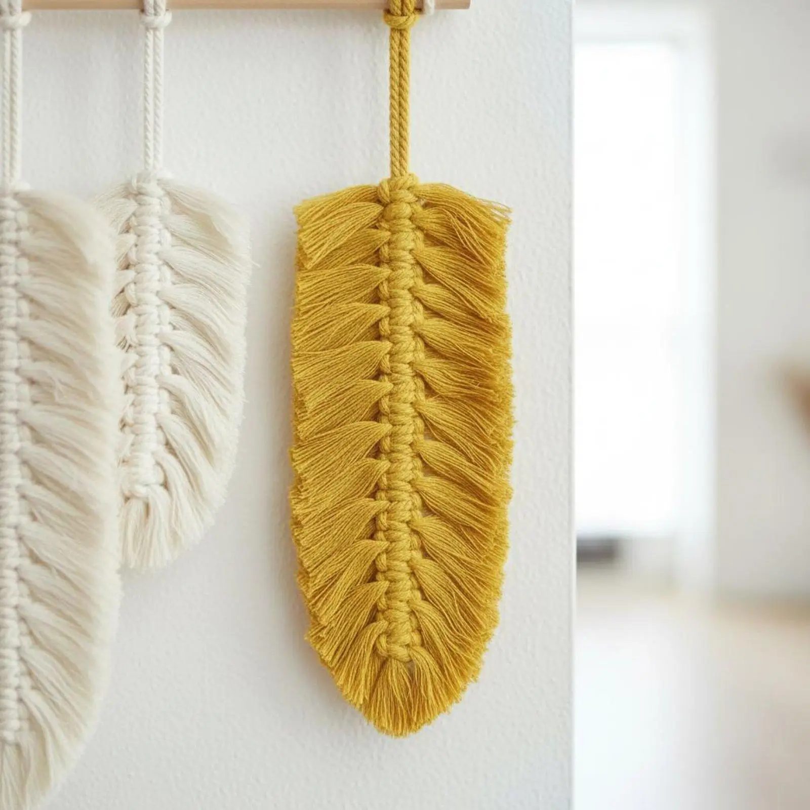 Beige Yellow Woven Wall Hanging Macrame Tapestry Feather Decor for Living Room Home Art Wood