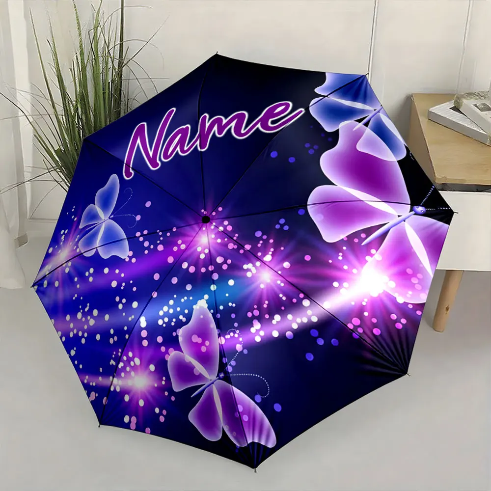 Custom Name Elegant Butterfly Umbrella with Name Design Print 8 Iron Ribs Folding Umbrella, Auto-Open Fashion Sunshade