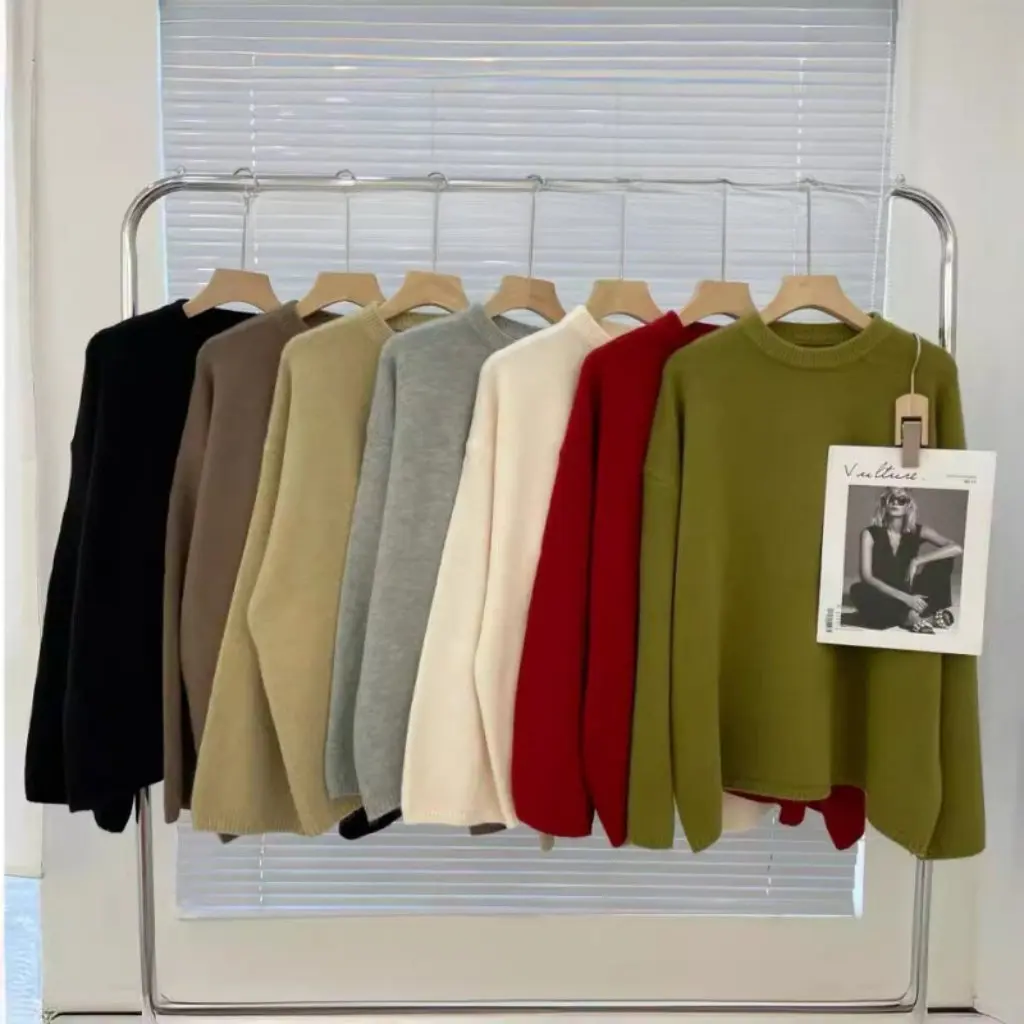 

New Large Size Solid Color Round Neck Loose Knitted Sweater Women Autumn Winter Basic Overhead Knitwear Lazy Style