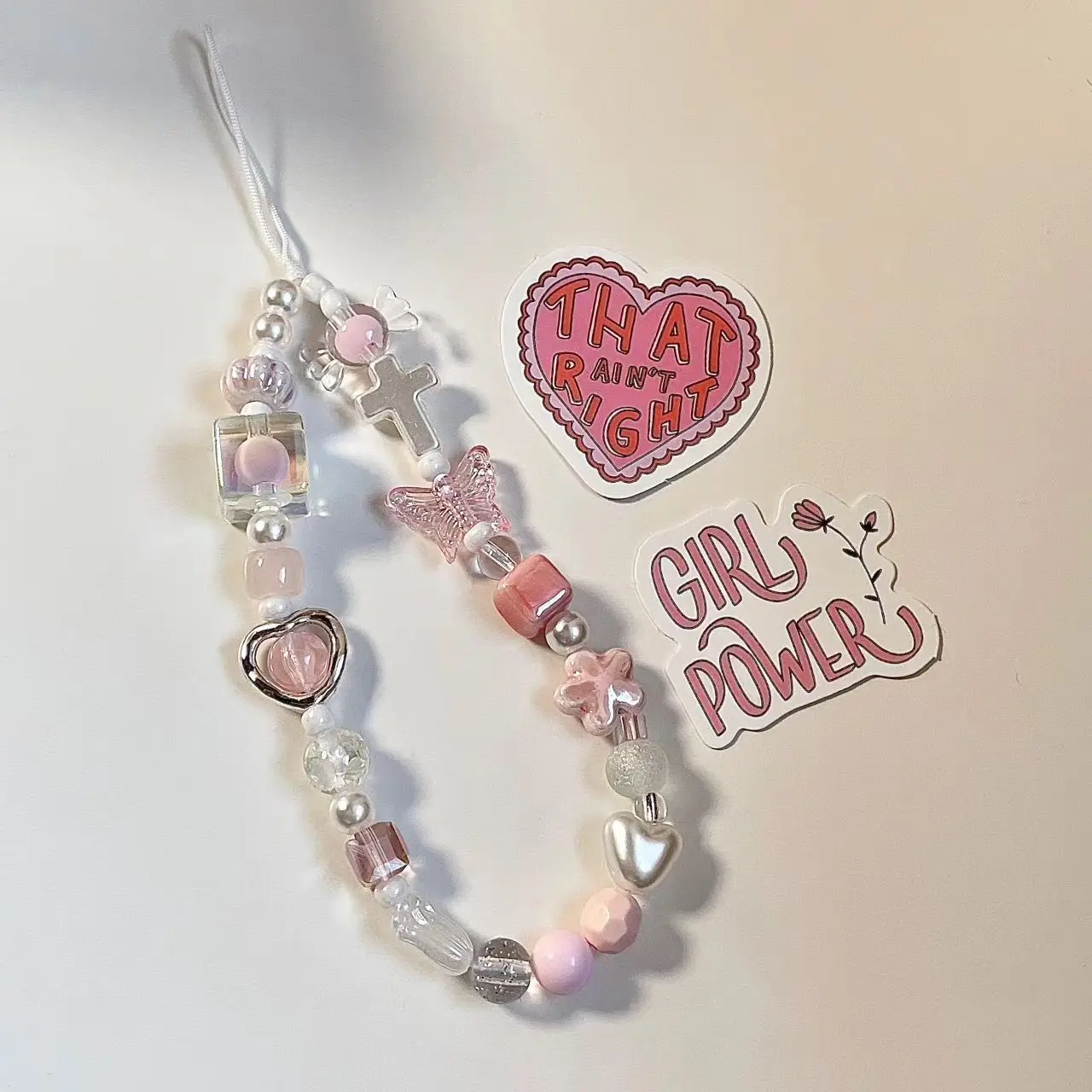 Pink Heart Butterfly Flower Phone Strap Charm Chain Knot Cellphone Lanyard Keychain Woman Girl Bag Camera Pendant For Case