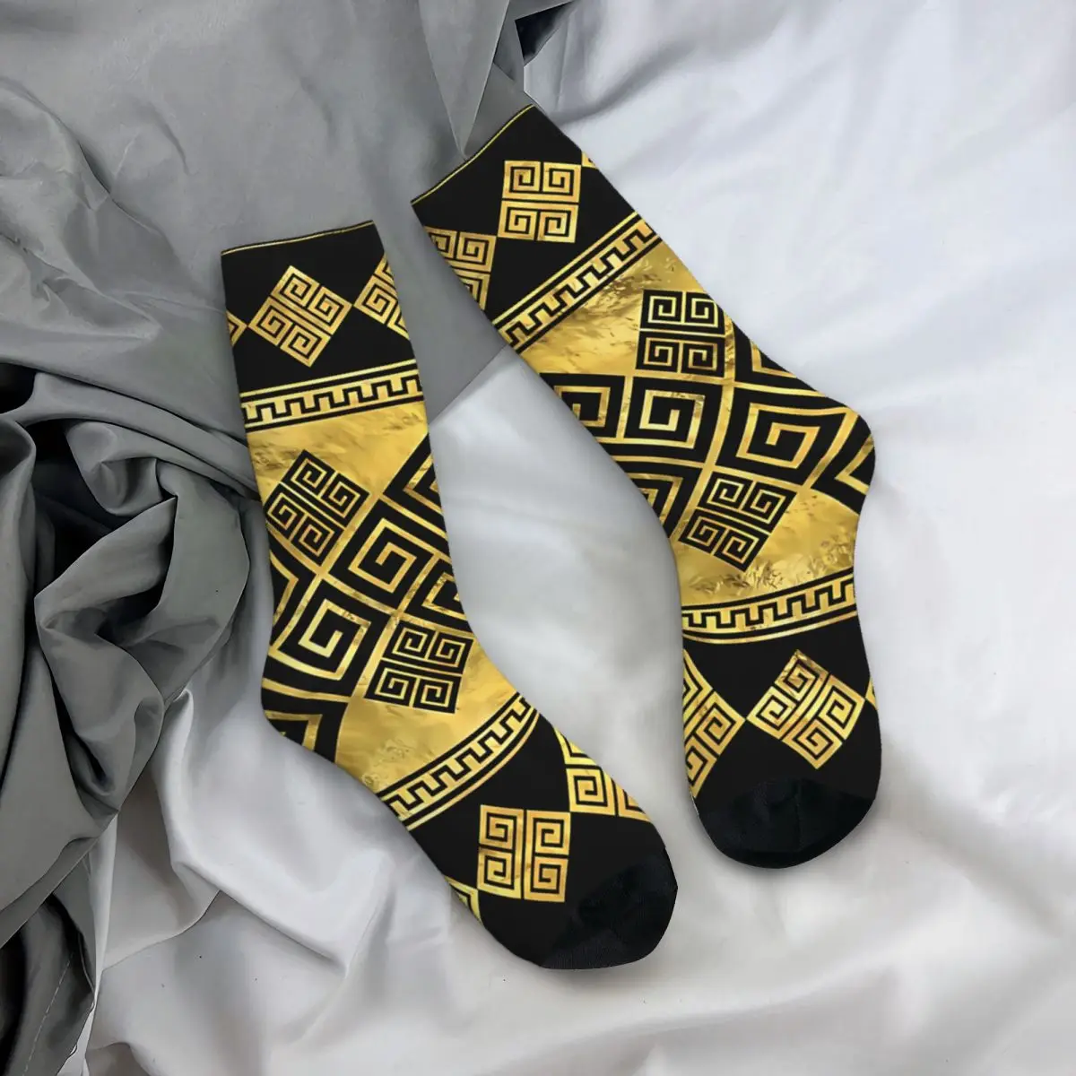 Hip Hop Vintage Greek Key Black And Gold Crazy Men\'s Socks Unisex Greek Meander Street Style Seamless Printed Crew Sock