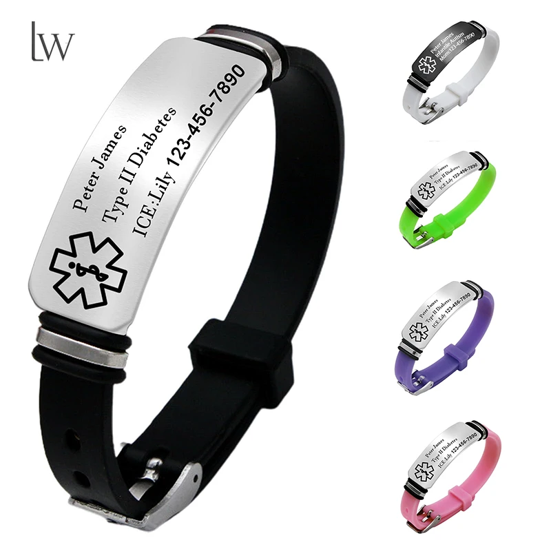 Custom Medical ID Bracelets for Men Women with Medical Alert ID Bracelets for Sport Travel - Silicone Waterproof Wristband Fits