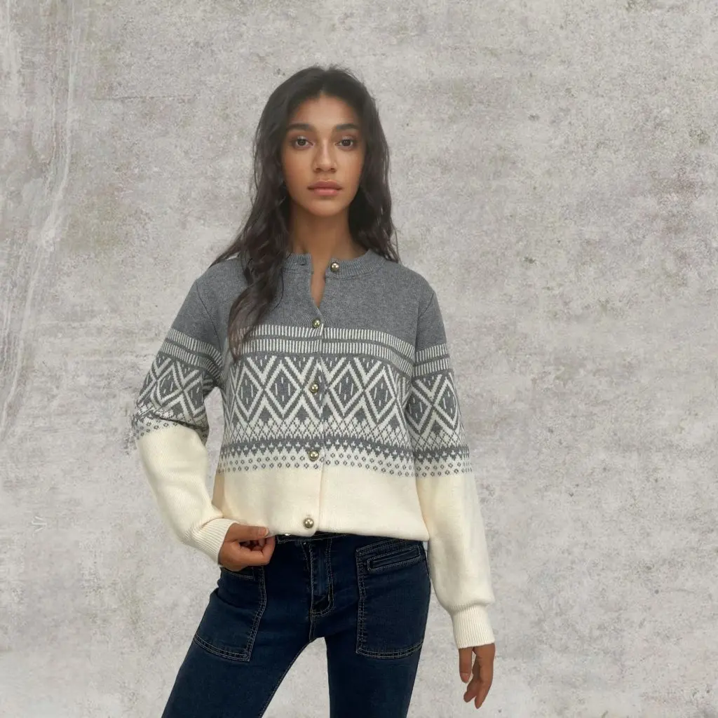 

Women's Autumn Winter Jacquard Knitted Cardigan Crewneck Single-breasted Loose Sweater Jacket Fashionable Outerwear