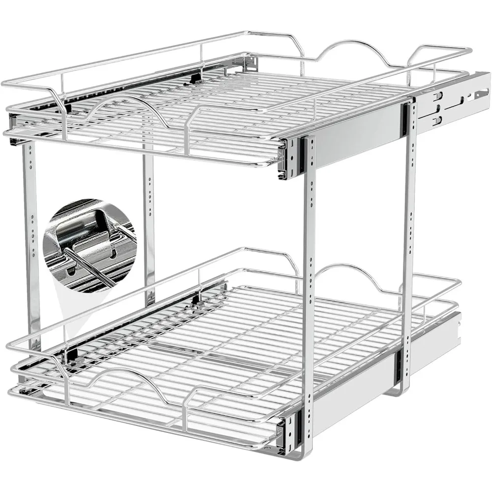 

2 Tier Pull Out Cabinet Organizer (14" W x 21" D), Pull Out Drawers for Kitchen Cabinets, Pull Out Shelves for Base Cabinet Org
