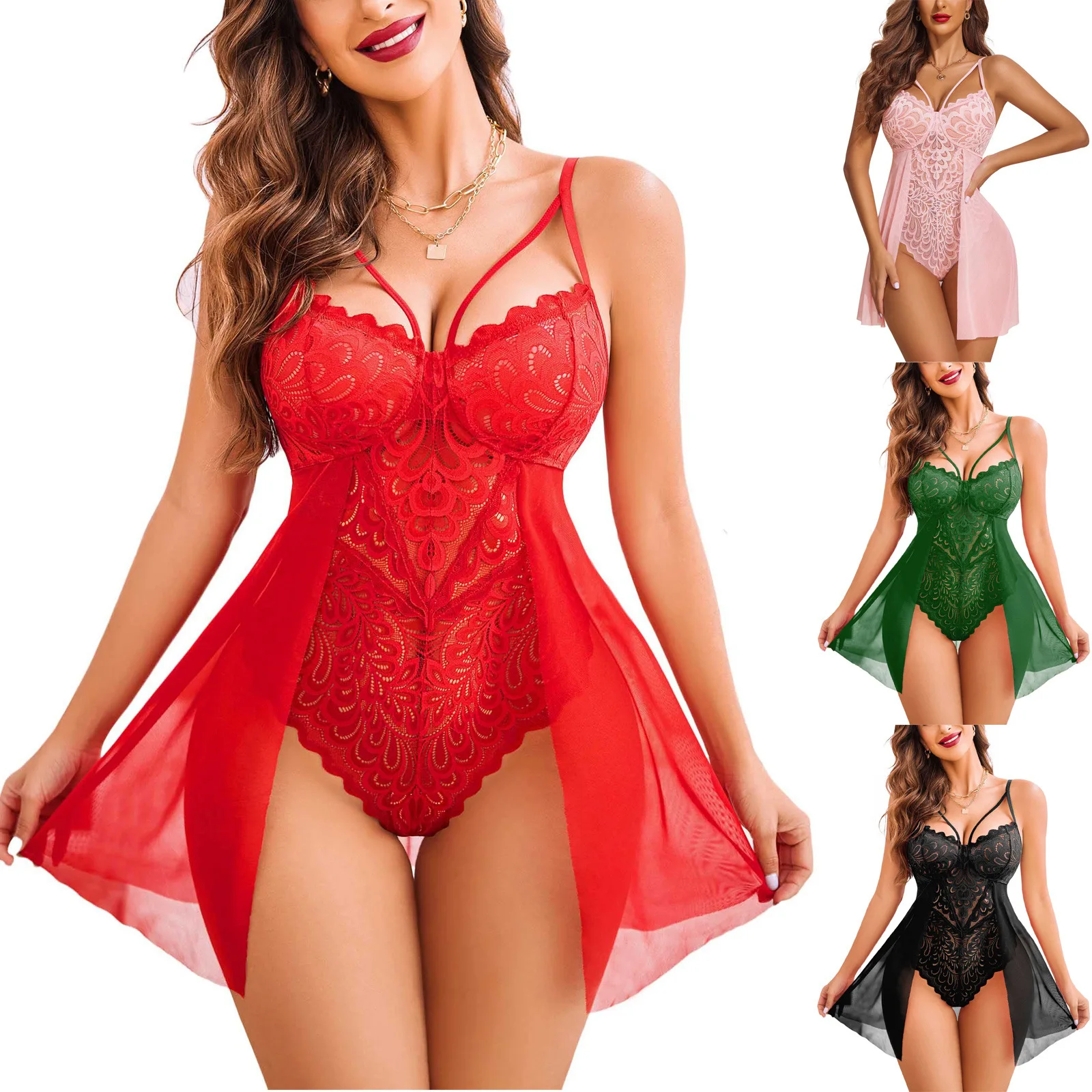 

New Ladies Sexy Nightgown Spring And Autumn Summer Erotic Lingerie Sexy Mesh Pajamas Lace Halter Nightgown Women's Homewear Suit
