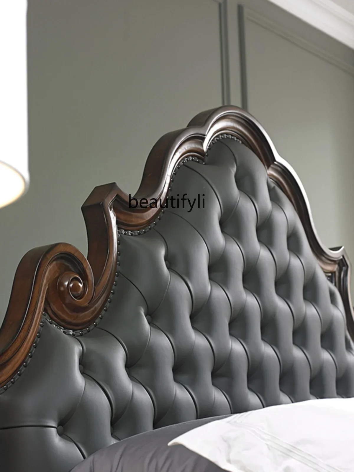 American-Style Solid Wood Leather Bed Master Bedroom Villa Double Bed M Luxury European Retro