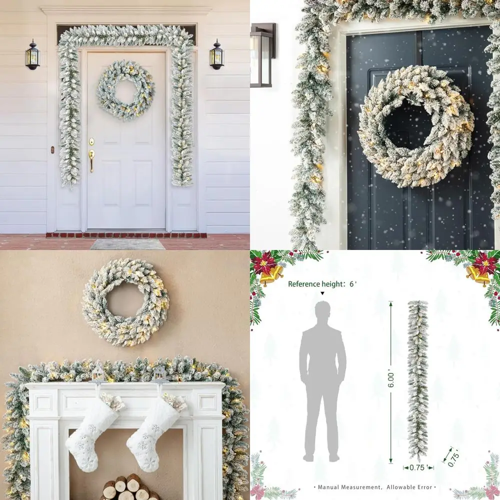 

Предварительно освещенный рождественский венок из 24 снега и пара снежных флокированных гирлянд длиной 6 футов для декора домашнего камина