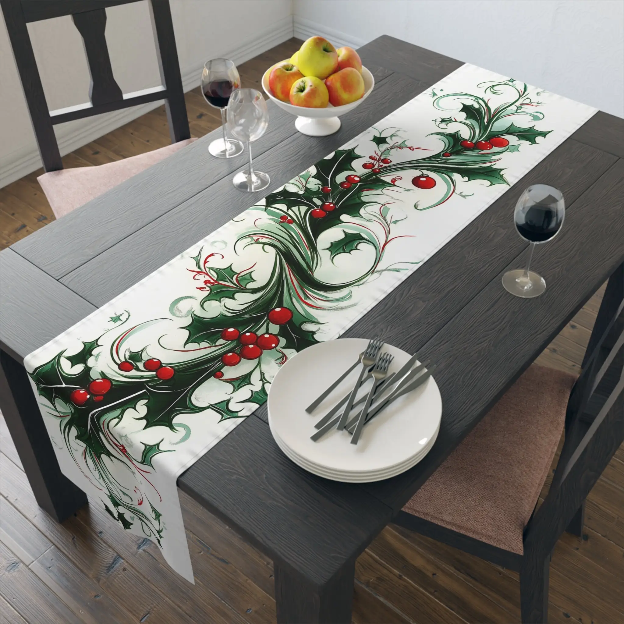 Calligraphy Christmas Table Runner, Baskerville Inspired Holly Decor Tablecloth for Dining Table Party, Xmas Home Decoration