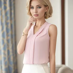 2024 Casual Chiffon Blouses Women Summer Sleeveless Tank Top V-Neck Shirt Female Elegant Solid Color Office Lady Chic Blouse