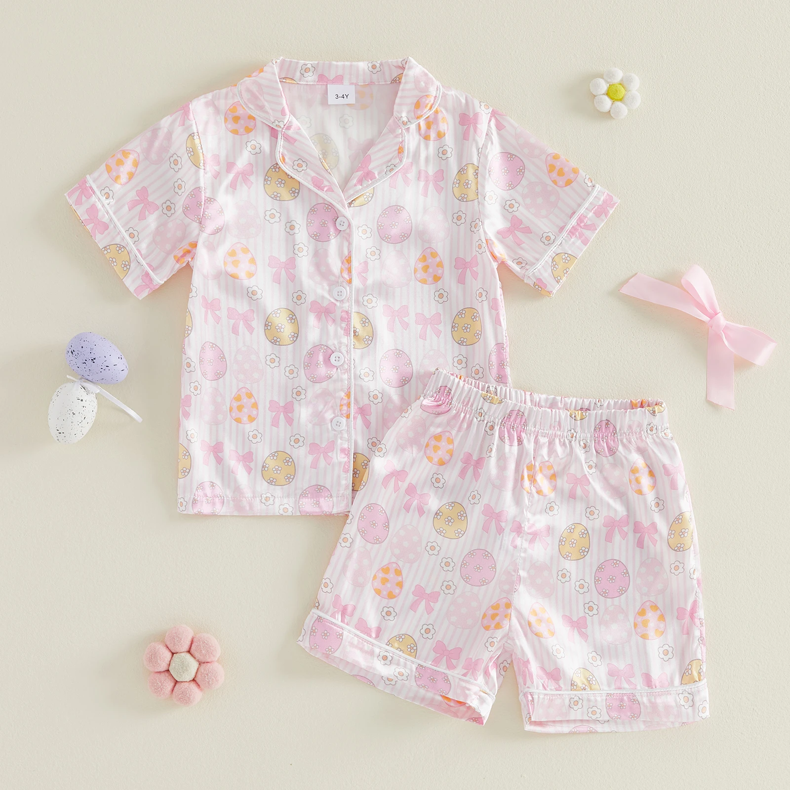 Little Girl Easter Pajamas Set Egg Floral Short Sleeve Button-up Tops and Elastic Waist Shorts 2 Piece Sleepwear Outfit