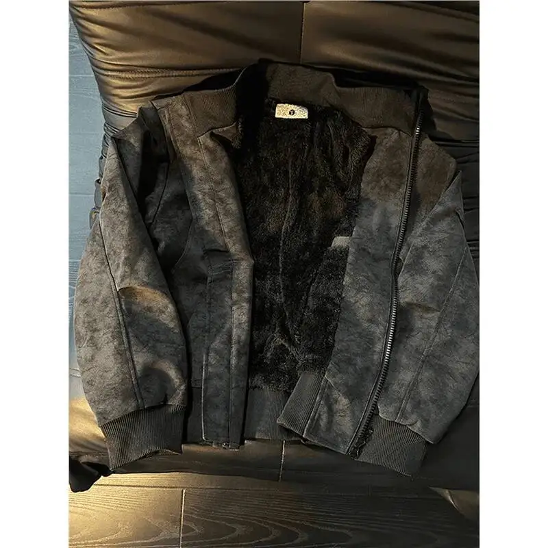 Thickened Fleece American Dyed PU Leather Jacket Cotton Coat Men's Short Stand Collar Motorcycle Style Winter Warm Outerwear