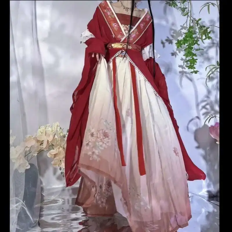 Abito Hanfu Vestido rosso stile cinese retrò Abito cosplay da donna con stampa tradizionale lunga 5 pezzi elegante set gonna da festa per ragazze