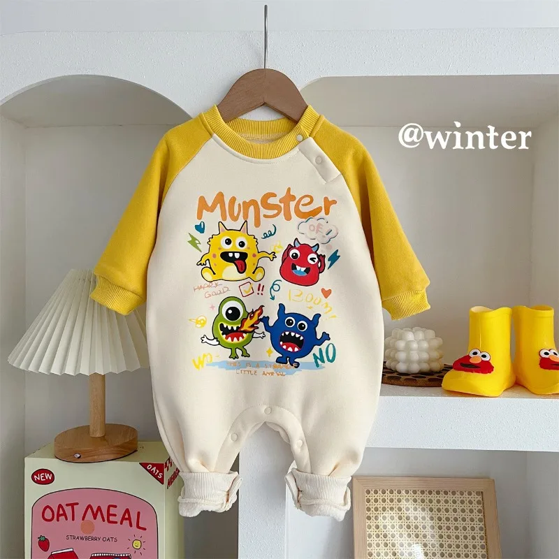 

Autumn and Winter Plus Fleece Monster University Pattern Male and Female Baby Jumpsuit Out Cute Little Monster Trend Clothes