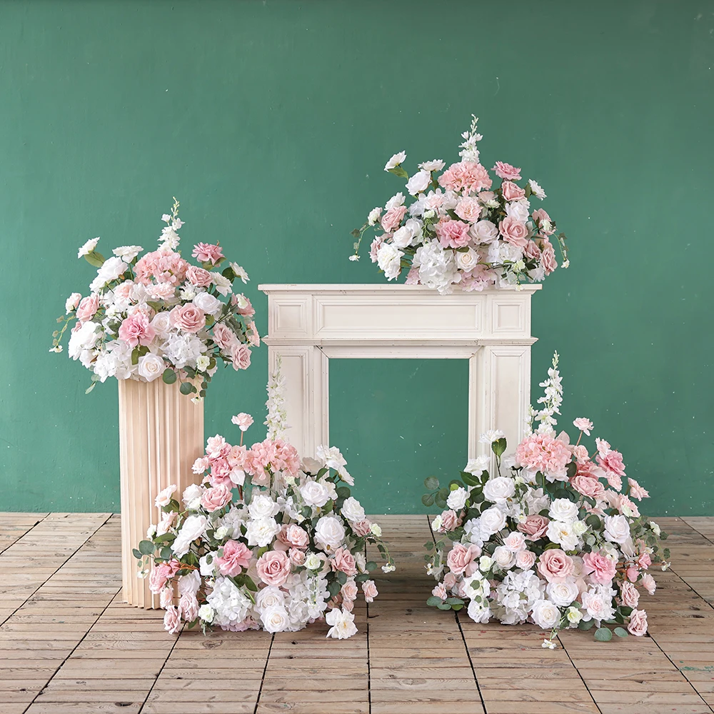 

60cm Wide Single-Sided Floor Flower Row - Pink White Silk Cloth Artificial Flowers for Wedding Party Birthday DIY Decor HY2868