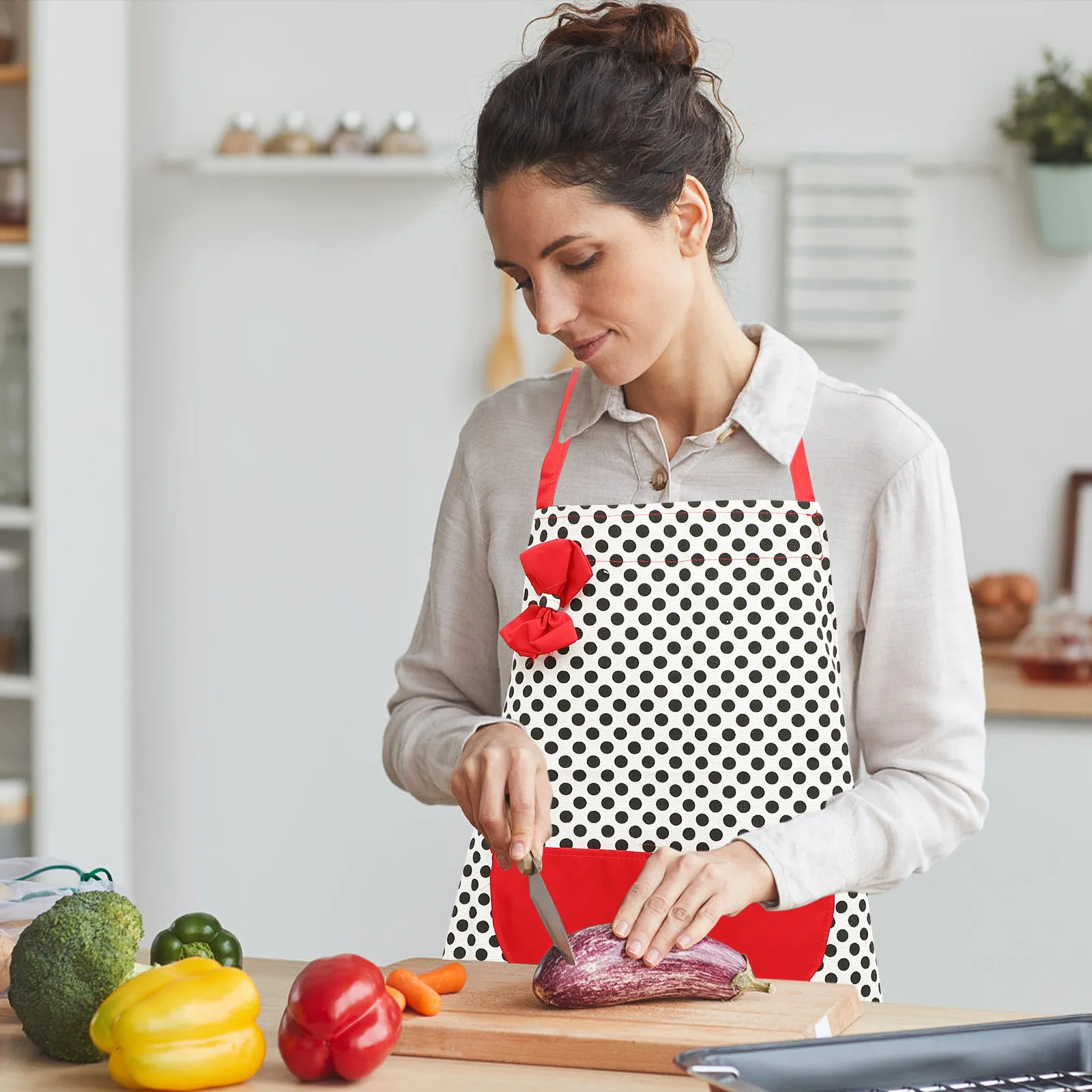 

Polka Dot Kitchen Apron Halter Neck Sleeveless Cotton Canvas Free Size 75x65cm Big Pocket Cooking Cleaning Workwear