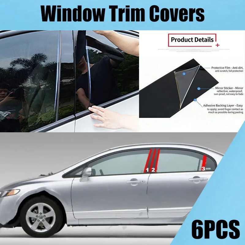 For Honda Civic FD 2006-2011 Glossy Black Car Door Window Center B C Pillars Post Middle Column Cover Trim Mirror Effect Sticker