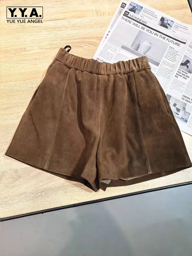 Casual Women Suede Genuine Leather Shorts Elastic Waist Autumn Wide Leg Short Trousers Vintage Loose Fit Sheepskin Shorts Female