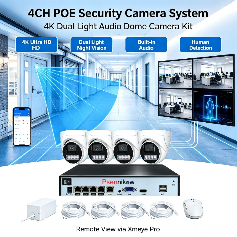 Psennikow Security Camera 4CH 8MP 4K POE NVR Kit System CCTV Outdoor AI Color Night Vision Video Surveillance IP Camera Set