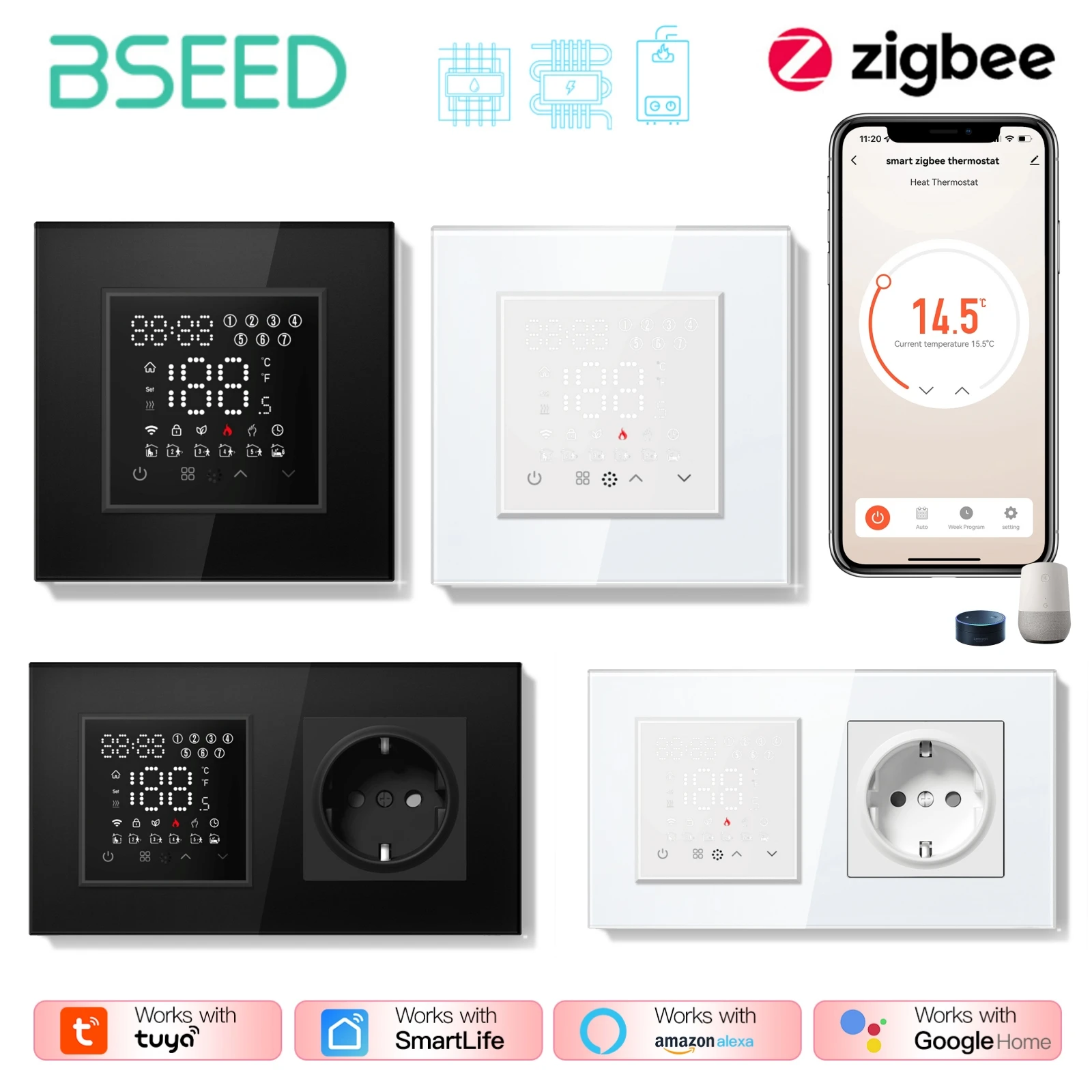 

Bseed Zigbee Thermostat Water Electric Warm Floor Heating Gas Boiler Temperature Remote Controller Socket with Alexa E Series