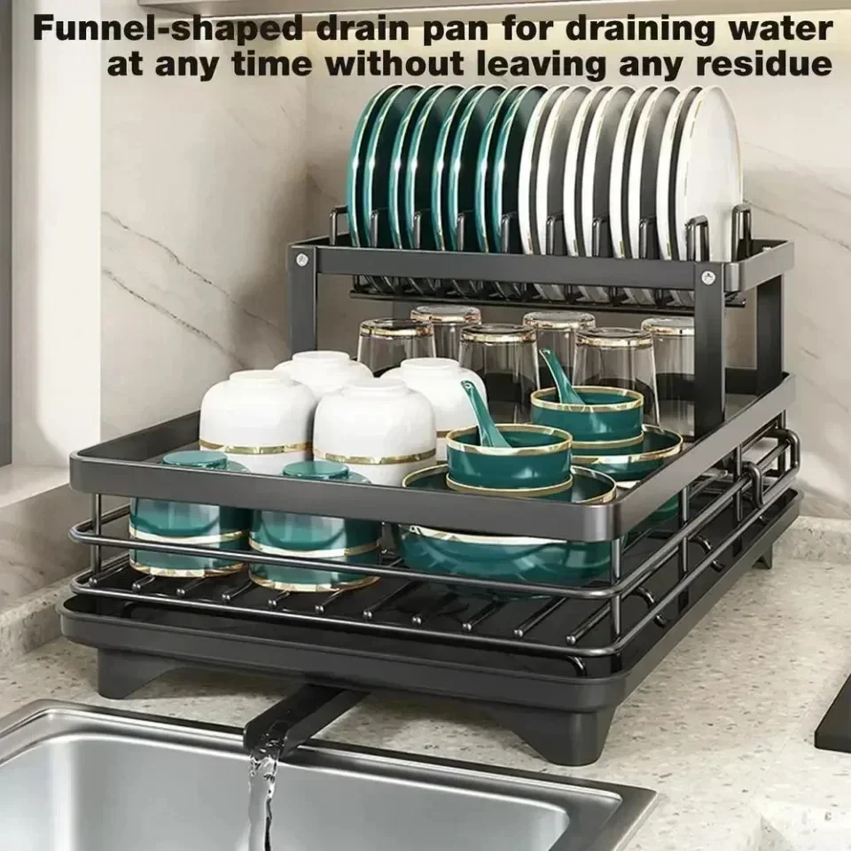 

Dish Drying Rack with Drainboard Adjustable Kitchen Storage Organizer Countertop Cup Plates Holder Bowl Drainer with Drip Tray