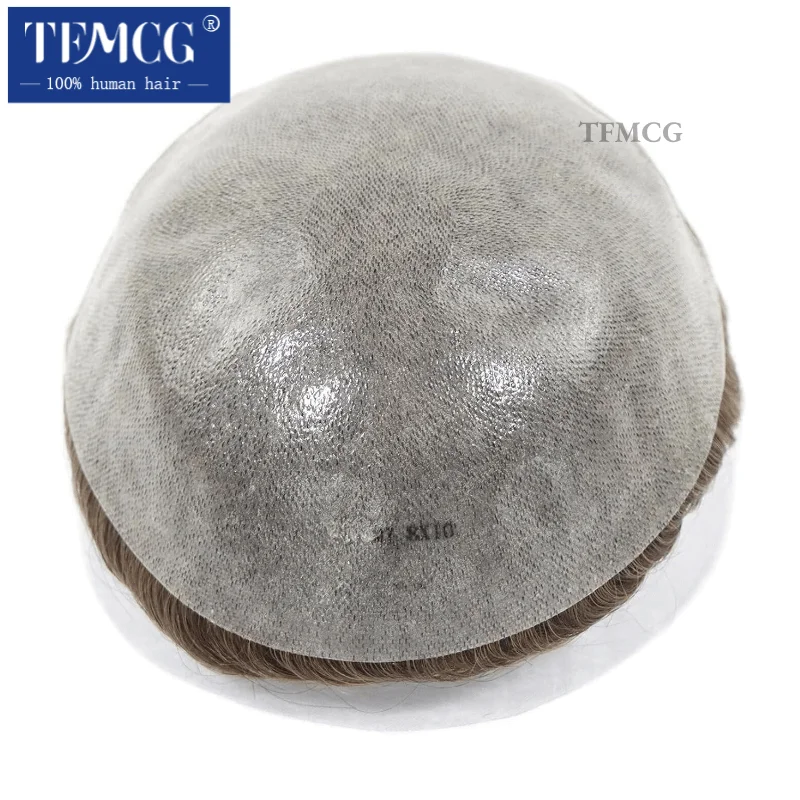 Rambut palsu pria toupee 8x10 BIO Swiss Lace dengan alas PU, 100% rambut manusia, prostesis rambut pria, garis rambut alami, unit pengganti rambut pria