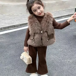 Girls Clothes Suit Autumn Winter Maillard Suit Children Winter 2023 New Foreign Style Fur Vest Base Coat Plus Velvet Trousers